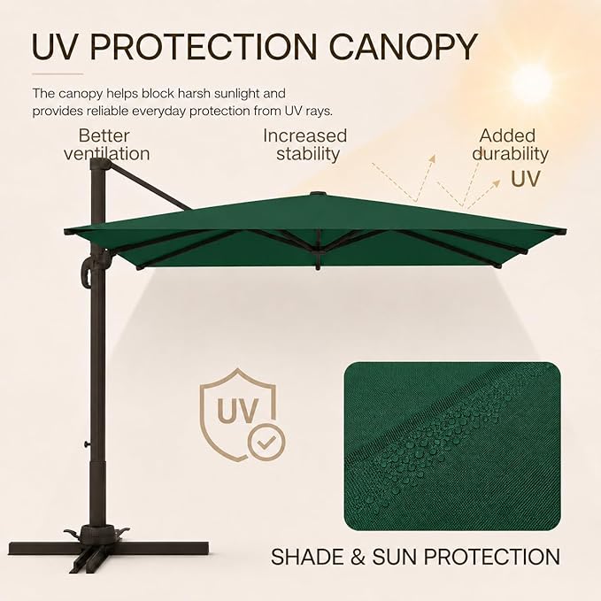Kingdura 9' X 9' Cantilever Patio Umbrella with Base Included, Large Square Outdoor Offset Umbrella with 360-degree Rotation, 4 Position Tilt, UV Protection for Pool Deck Garden Patio (Dark green)