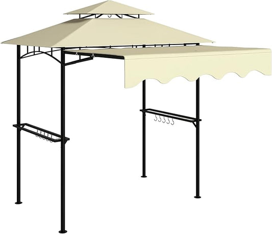 Outsunny 8' x 7.6' Grill Gazebo, Double Tiered Outdoor BBQ Gazebo with Side Awning, 2 Side Shelves and 6 Hooks for Patio, Deck, Yard, Beige