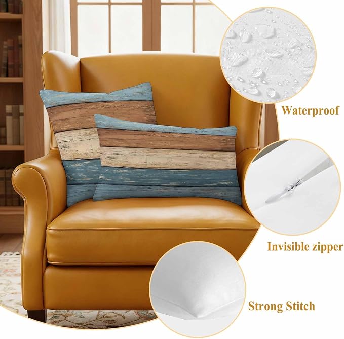 Farmhouse Blue Brown Outdoor Waterproof Pillow Covers, Vintage Wooden Striped Decorative Square Throw Pillowcase Sofa Cushion Sham for Patio/Couch/Chair, 16"x16" 2 Pack