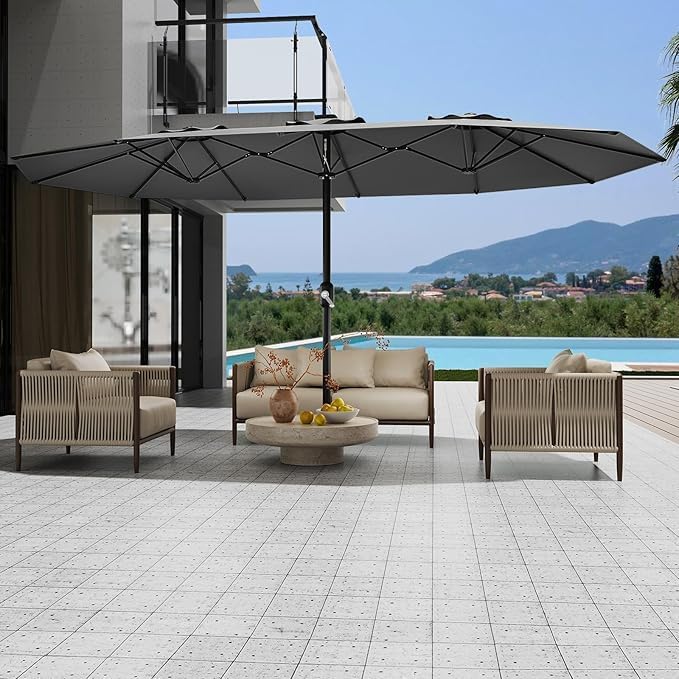 TrailBlaze 15ft Large Patio Umbrella with Base, Outdoor Rectangle Umbrella Double-Sided Market Umbrella with Crank Handle UV Protection Table Umbrellas for Backyard, Deck, Poolside and Garden