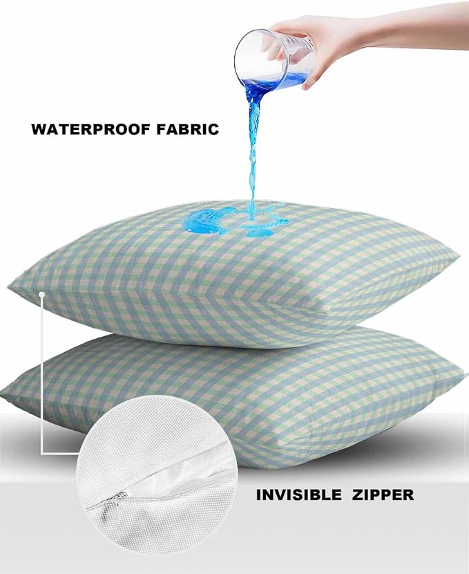 Outdoor Waterproof Throw Pillow Covers Set of 2 Buffalo Plaid Pillowcases 24x24 Inches Blue Linen Classic Checked Patio Decorative Pillows Cushion Case Patio Pillows for Couch Bed Chair Garden