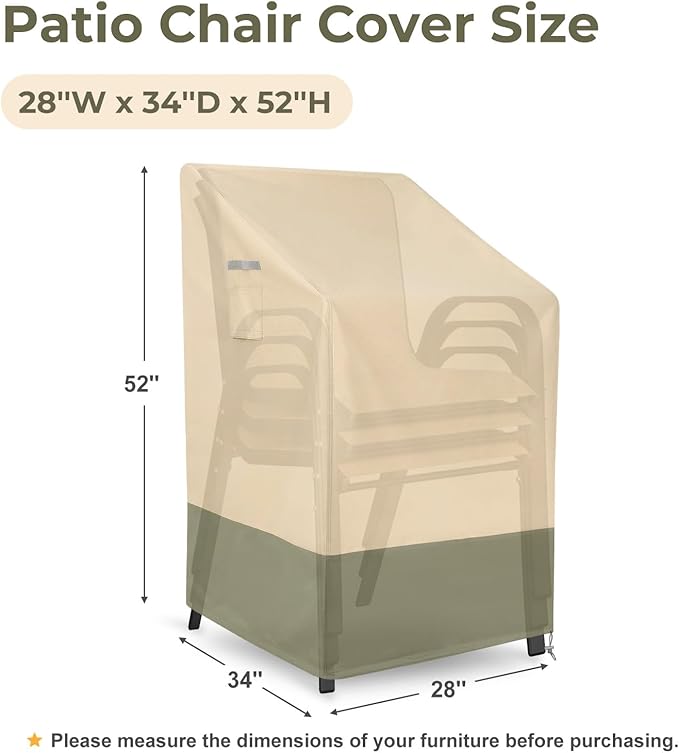 BPS Patio Stackable Chair Cover, Waterproof 600D Oxford Outdoor Chair Cover with Attached Storage Bag and Reflective Handles for Furniture Protection, 28W x 34D x 52H Inches