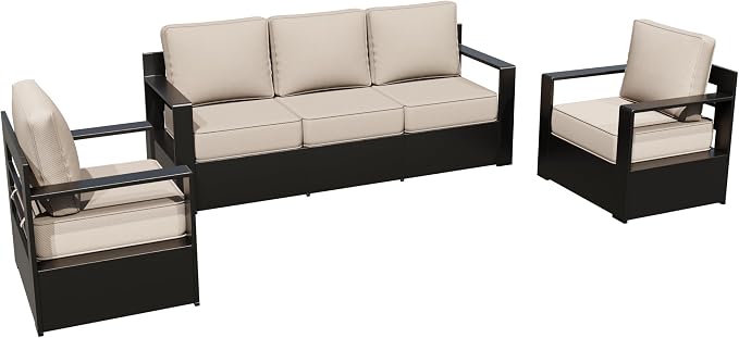 Aluminum Patio 79" Sofa Set with 2 Armchairs, All Weather Outdoor Conversation Furniture Set with Metal Armrest & 6" Water-Resistant Cushions & Furniture Covers for Deck Porch (Beige)