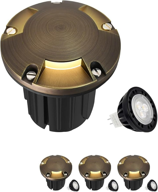 MALORY Brass Top Cover Landscape Well Lights,(φ126 mm) 12V Low Voltage Outdoor In Ground Lights,Landscape Lighting for Pathway, Driveway and Garden (Three-Direction Turret, 4-Pack with Bulb)