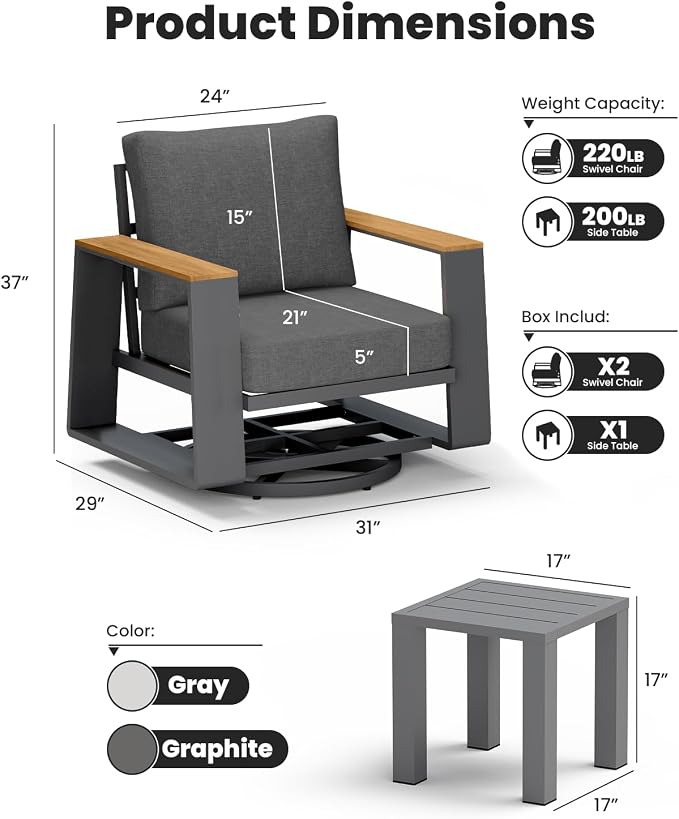 Aluminum Outdoor Patio Furniture Set, 4-Piece Patio Conversation Set with 5" Thick Cushions, Aluminum 360-Degree Large Outdoor Furntiure Set with Side Table and Loveseat, Graphite