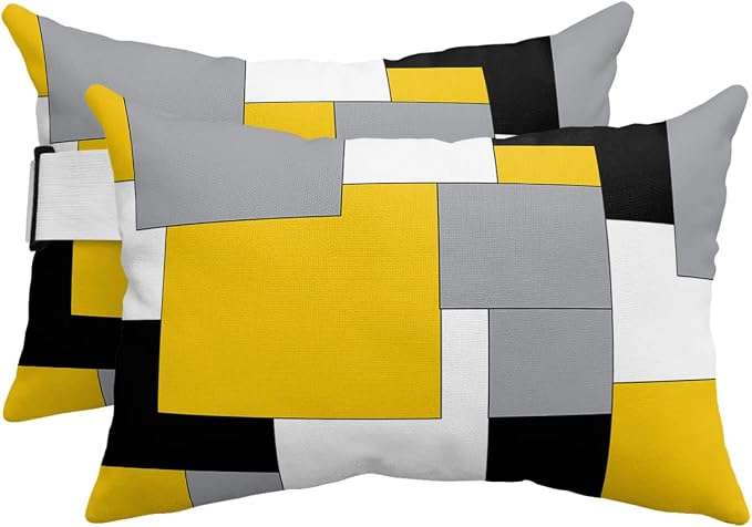 Outdoor Pillows Covers with Inserts Abstract Art Patchwork Black and Yellow Waterproof Recliner Pillow with Adjustable Strap Throw Pillows for Patio Furniture Pool Lounge Chair, 11x16 inch, 2PCS