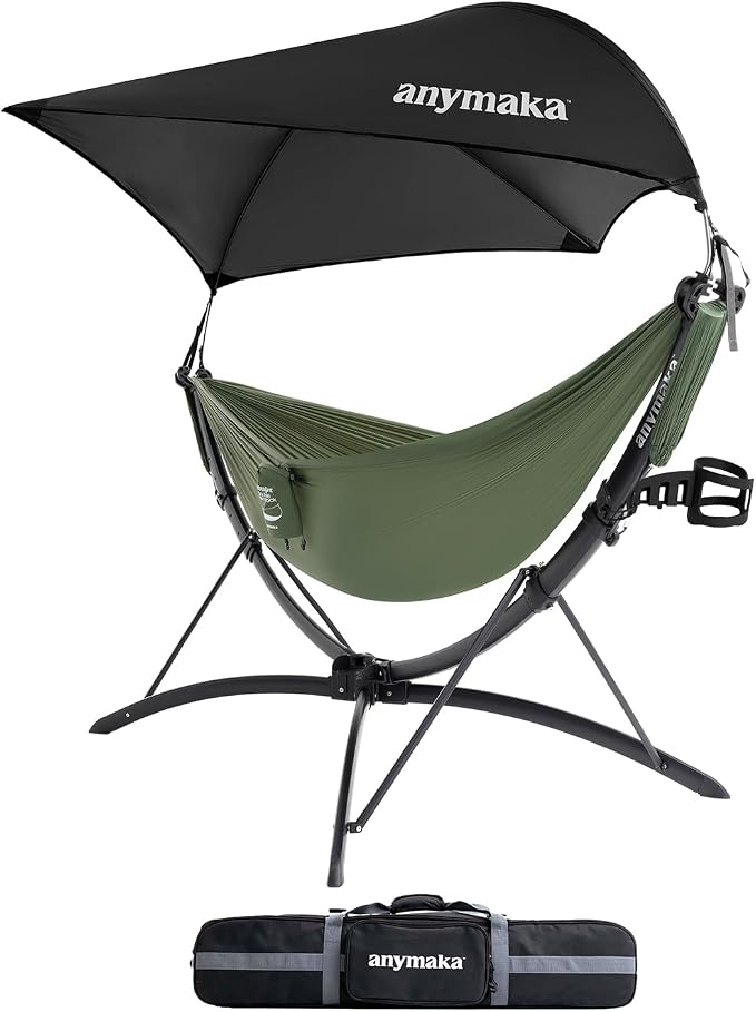 anymaka Set Up in 3 Seconds Adjustable Portable Aluminum Alloy Hammock Stand for Outside with Chair Mode & Lounge Mode up to 105'' (Full Pack Forest Green)