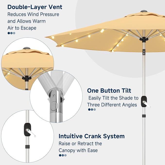 9FT Aluminum Patio Umbrella with 40-LED Solar Lighted, Fade-Resistant Outdoor Market Table Umbrella with Push Button Tilt Function, 8 Sturdy All-Aluminum Ribs for Gardens, Decks, Backyards & Pools