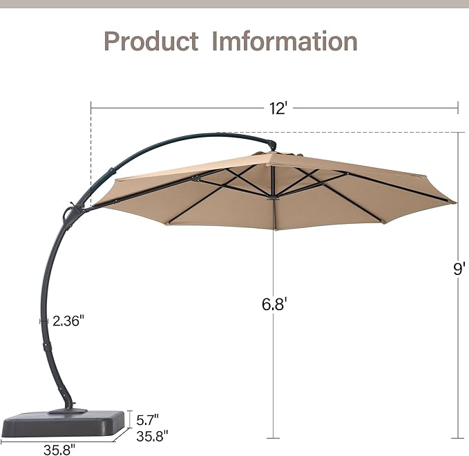 LAUSAINT HOME 12ft Patio Cantilever Umbrella with Base Included, Outdoor Curvy Round Offset Umbrella, Heavy Duty Aluminum, 360° Rotation for Pool, Deck, Lawn, Backyard (Upgraded Sunbrella Fabric Beige)