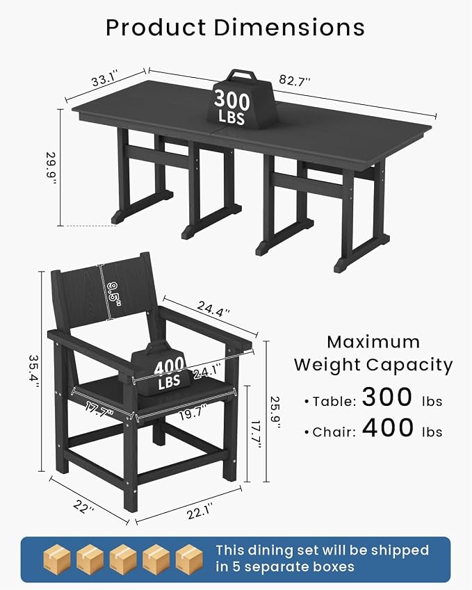 9-Piece HDPE Outdoor Dining Set, Weatherproof Patio Table and Chairs Set for 8, Includes 82.7'' Dining Table and 6 Armchairs, with Umbrella Hole (Black)