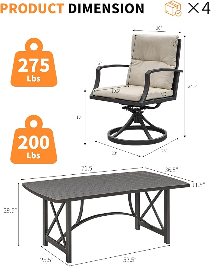 7 Pieces Outdoor Dining Set, Never-Rust Aluminum Patio Dining Set for 6, Outdoor Furniture Set, Patio Table and 6 Swivel Rocker Chairs for Deck, Garden, Backyard, Poolsides, Gunmetal
