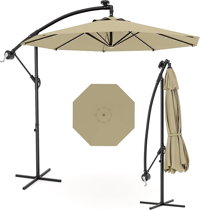 Garvee 10FT Solar Lights Offset Patio Umbrella with Cross Base, Cantilever Umbrella with Easy Lift & Tilt Adjustment, 8 Ribs Sun umbrella UV Protection for Backyard, Pool, Garden, Beige