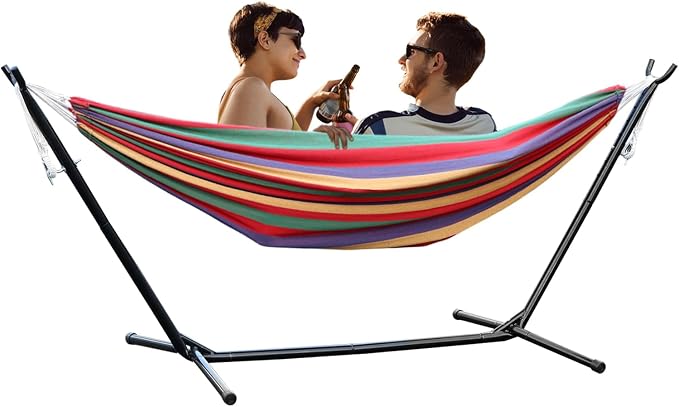 Double Hammocks with Stand, 2 Person Heavy Duty Hammock with Adjustable Height, 440 lbs Capacity, Easy Assembly, Portable Space Saving Freestanding Hammock for Outdoor & Indoor Red
