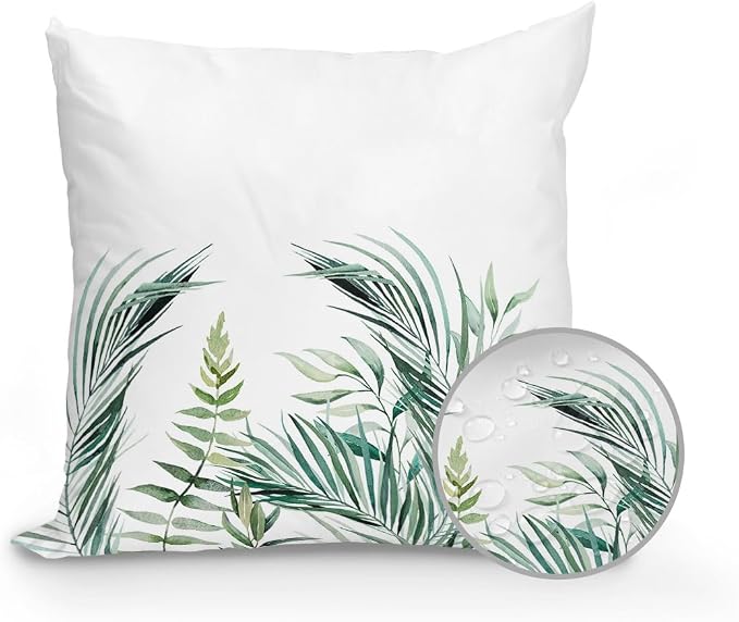 Outdoor Waterproof Throw Pillows Tropical Palm Leaves White Patio Pillows Pack of 1,Decorative Pillow Covers with Insert,Pillow Cushion Case for Garden Couch Sofa Pastoral Green Leaf Plant