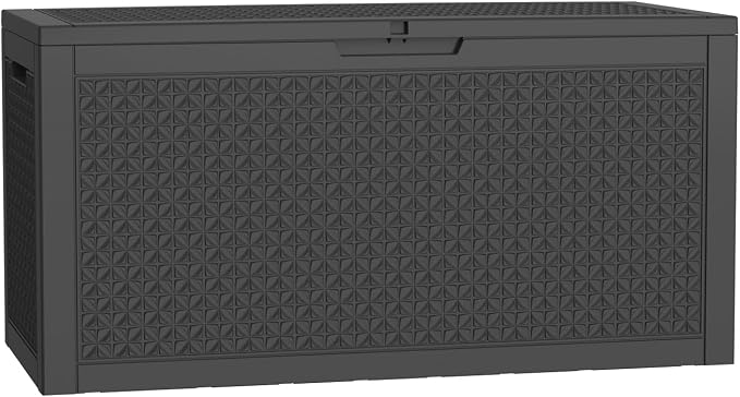 Pepe Tee Outdoor Deck Box, Lockable Waterproof Resin Storage Container with Wood-Look Design, 30 Gallon, Black (black, 101, Gallons)