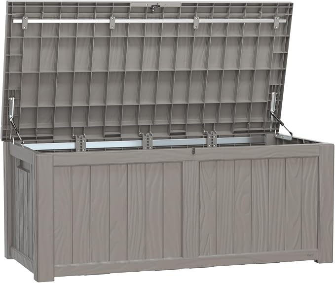 Vixzen 121 Gallon Resin Deck Box, Lockable Outdoor Storage Box for Patio Cushions Storage Furniture,Garden Tools, Pool Supplies, Weatherproof and UV Resistant- Grey