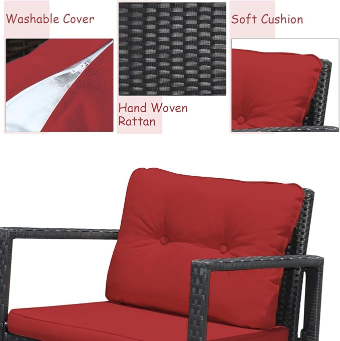 Tangkula 3 Pieces Patio Wicker Rocking Bistro Set, Outdoor Rocking Chair Furniture Set w/Cushioned Seat, Conversation Set w/Glass Coffee Table and Storage Shelf (Red)