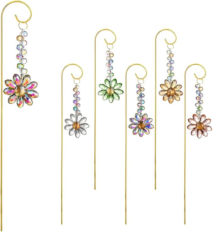 6 Pcs Colorful Crystal Sunflower Suncatcher Garden Stake with Trellis Decor | Crystal Sunflower Sun Catchers Garden Stake with Golden Small Trellis plant Decorations for Pots Patio Lawn Yard Home