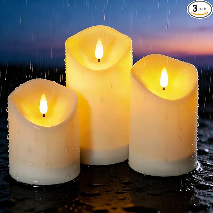 Nimiko Solar Outdoor Waterproof Flameless Candles - 3 Pack Solar & Battery Operated LED Candles, White (D3.25" x 4"/5"/6" Assorted Heights) for Garden, Patio, Outdoor Decoration