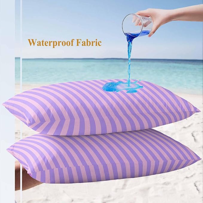 Lumbar Pillow Covers 20x12 Inch Set of 2, Purple Pink Waterproof Outdoor Cushion Covers, Geometric Vertical Striped Solid Rainbow Decorative Pillowcases for Couch, Sofa, Bed, Garden, Patio
