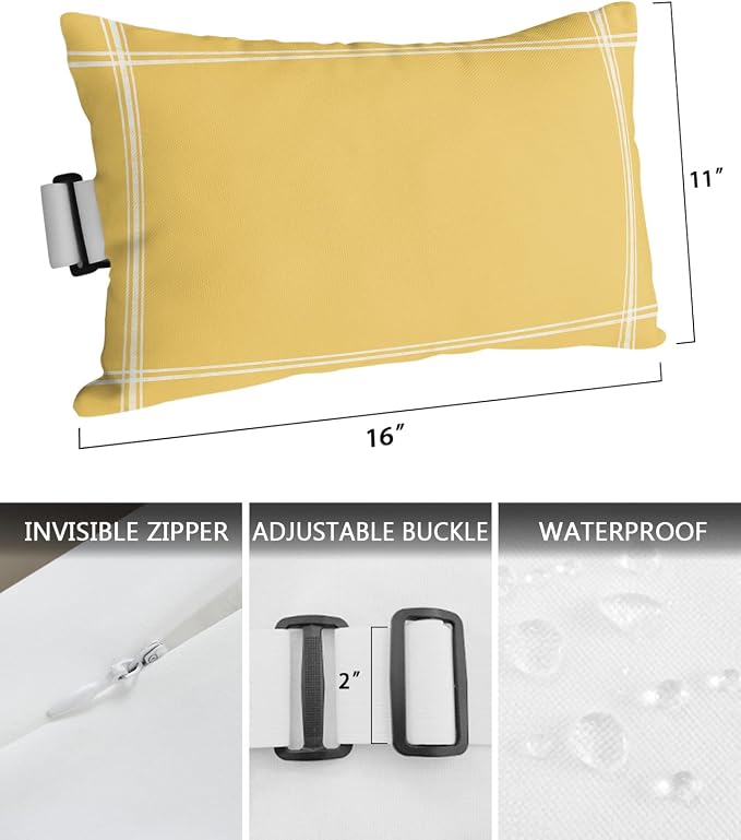 Outdoor Pillows Covers with Inserts Solid Color Yellow Waterproof Recliner Pillow with Adjustable Strap Throw Pillows for Patio Furniture Pool Lounge Chair, 11x16 inch, 1PCS