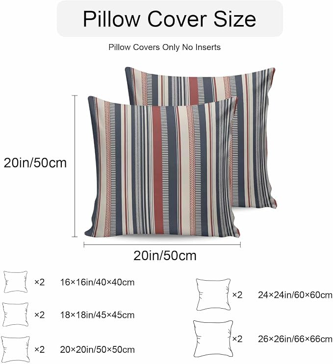 Red Blue Beige Outdoor Pillow Covers 20x20 Inch Throw Pillow Covers Set of 2 Waterproof Decorative Pillow Cases Boho Retro Colorful Abstract Striped Cushion Covers for Patio Furniture Garden Couch