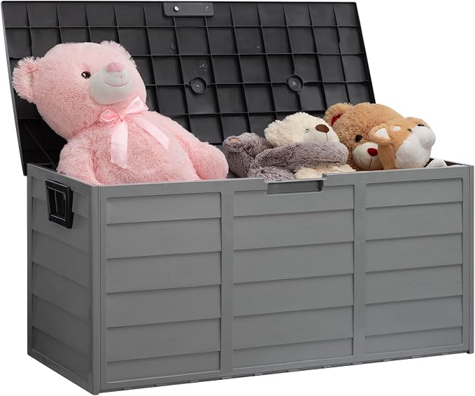 ALIMORDEN Lightweight Resin Deck Box for Patio Furniture, Pool Accessories, and Storage for Outdoor Toys,Large Bin Store Backyard, Home Organization,Grey