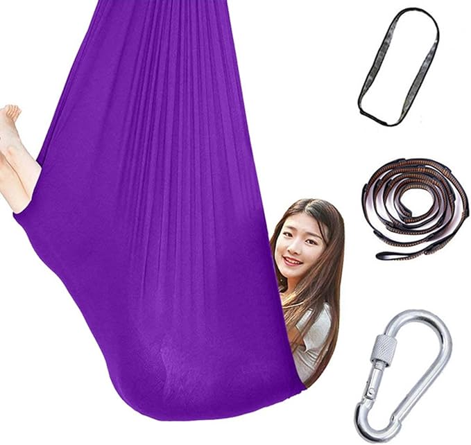 360° Rotating Elastic Aerial Yoga Hammock Outdoor Indoor Swings Aerial Yoga Sensory Therapy Cuddle Swing Soft Elastic Parcel Steady Seat Swing (Color : Purple, Size : 150x280cm)