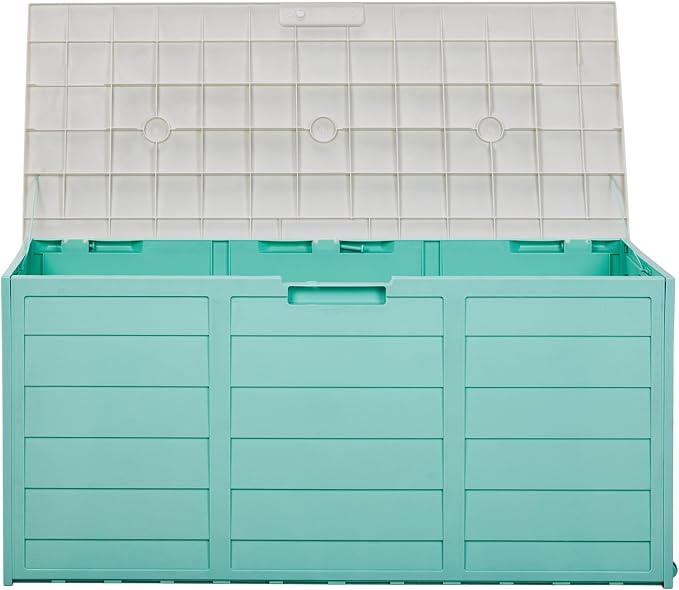 75 Gallon Green Outdoor Storage Box with Wheels, Waterproof Resin Deck Box for Patio Cushions & Garden Tools, Rolling Garden Storage Bin, Weather Resistant Trunk