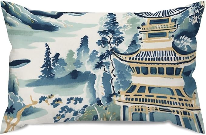 Lumbar Throw Pillow Cover Blue and White Chinoiserie Pagoda Asian Pillows Classic Ming Rain Chinoiserie Pillow Cover Accent Outdoor Garden Decoration for for Couch Sofa 12x20in