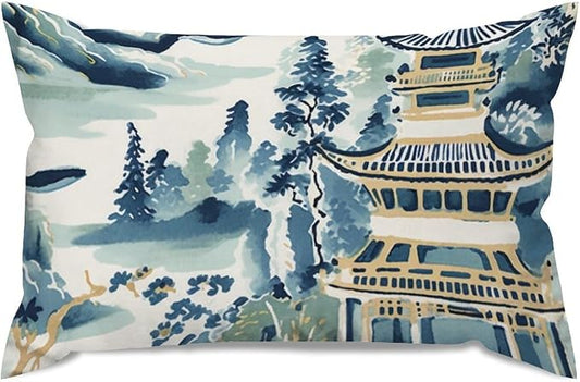 Lumbar Throw Pillow Cover Blue and White Chinoiserie Pagoda Asian Pillows Classic Ming Rain Chinoiserie Pillow Cover Accent Outdoor Garden Decoration for for Couch Sofa 12x20in