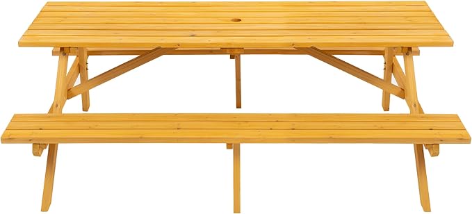 75'' Rectangular Outdoor Dining Table Wooden Patio Dining Table & 2 Built-in Bench for 8, 2" Umbrella Hole, Suitable for Backyard Garden Porch, Natural