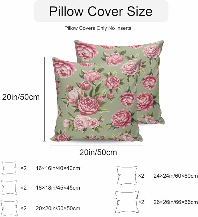 Vandarllin Outdoor Throw Pillows Covers 20x20 inch Set of 2 Waterproof Pink Rose Floral Decorative Zippered Cushion Covers for Patio Furniture, Sage Green Leaves Flowers Lumbar Pillowcases