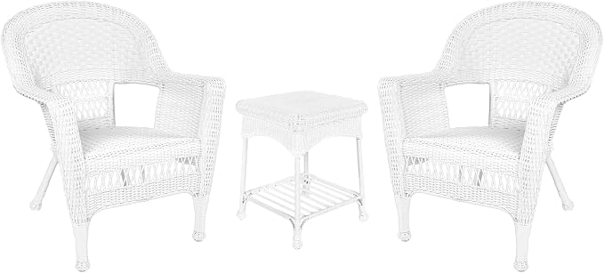 Jeco 3 Piece Wicker Chair and End Table Set without Cushion, White