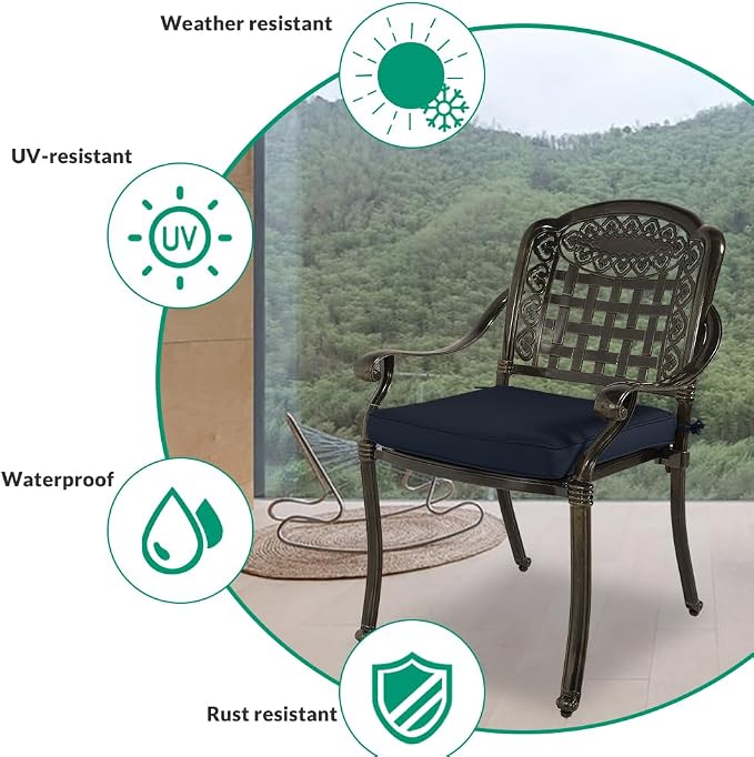 VIVIJASON 3-Piece Outdoor Patio Bistro Set, All-Weather Cast Aluminum Furniture Dining Sets Include 2 Cushioned Chairs and 31" Round Table w/Umbrella Hole for Balcony, Backyard, Navy Blue Cushion