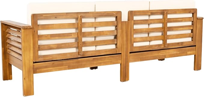 Christopher Knight Home Havets 3 Pieces Outdoor Acacia Furniture Set, Slat Panel Couch, Spacious Seating Armchair, 6" Thick Cushions Sofa and Coffee Table Set for Backyard Garden Balcony, Teak+Beige