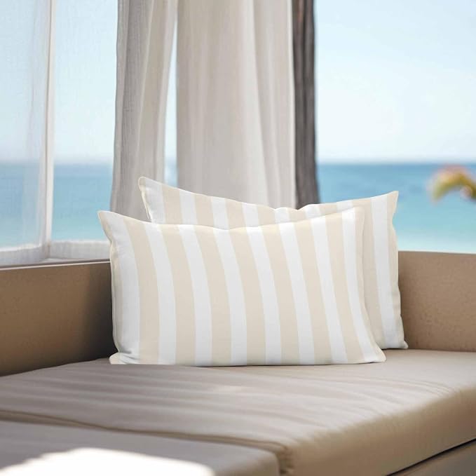 Cream Striped Outdoor Waterproof Throw Pillow Covers 20x12 Set of 2, Modern Farmhouse Cream White Stripes Decorative Pillowcases Cushion Pillowcase for Couch Sofa Patio Outside Pillow Protector