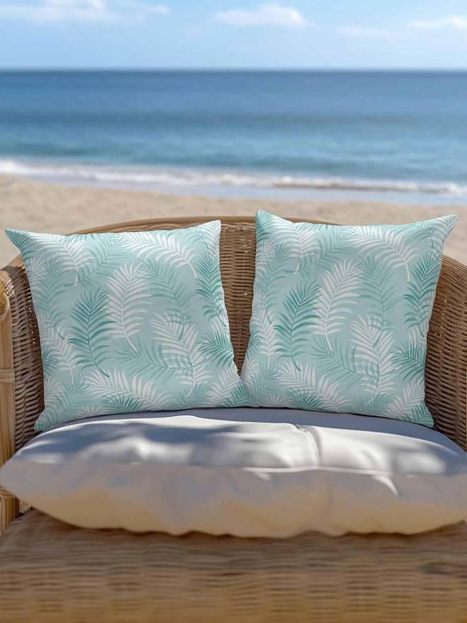 Waterproof Outdoor Pillow 1 Pack Aqua Tropical Palm Leaves Decorative Throw Pillows Cover & Insert 16x16 Inch Pillowcase Summer Jungle Foliage Pillows for Couch Sofa Bed Patio Furniture Indoor Outdoor