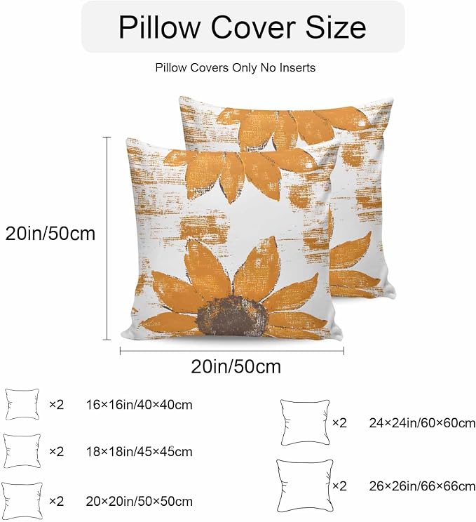 Vandarllin Outdoor Throw Pillows Covers 18x18 inch Set of 2 Waterproof Orange Sunflower Decorative Zippered Cushion Covers for Patio Furniture, Flower Field Lumbar Pillowcases