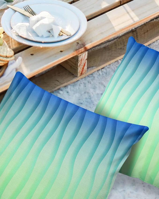 Outdoor Waterproof Pillow Covers Set of 2, Simple Abstract Geometric Blue Green Gradient Lines Patio Throw Pillow Covers, Decorative Cushion Case for Couch Sofa Furniture Garden, 16x16 Inch