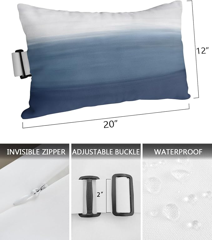 Navy Blue Ombre Outdoor Pillows for Chaise Lounge Chair Beach Headrest Pillow Set of 2 Lumbar Pillows with Insert&Adjustable Elastic Strap Modern Abstract Art Texture Neck Pillow for Pool 12"x20"
