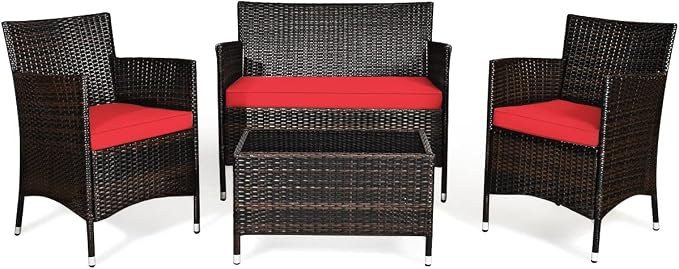 GLACER 4 Pieces Rattan Conversation Set - Patio Furniture Set W/High-Elasticity Cushion & Tempered Glass Center Coffee Table, Outdoor Wicker Sofa Chair Set for Garden, Porch, Poolside & Backyard