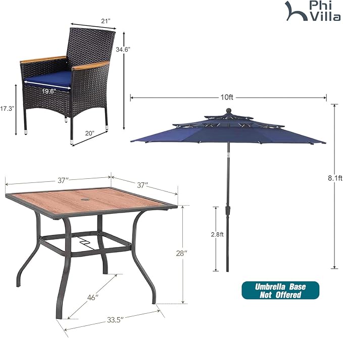 PHI VILLA 5pc Patio Dining Set with Umbrella, Square Table, Rattan Chairs | 37" Wood-like Metal Table, Cushioned PE Rattan chairs, 10ft Navy Blue 3 Tier Auto-tilt Umbrella (Base Not Included)