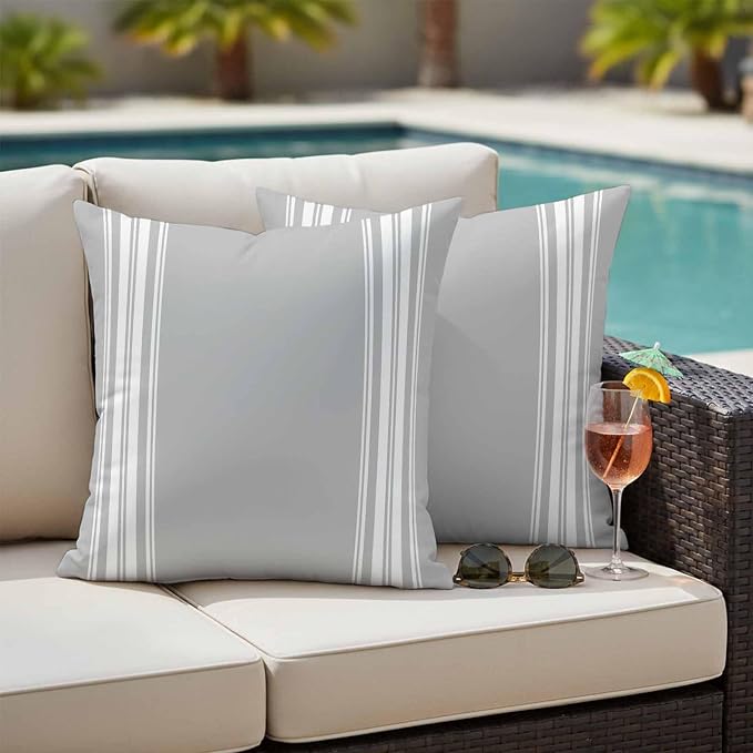 Outdoor Pillow Covers 20x20 Set of 2 Grey Stripes Outdoor Pillows Waterproof Throw Pillow Covers French Stripe Farmhouse Style Pillowcases Decorative Case for Patio Cushion