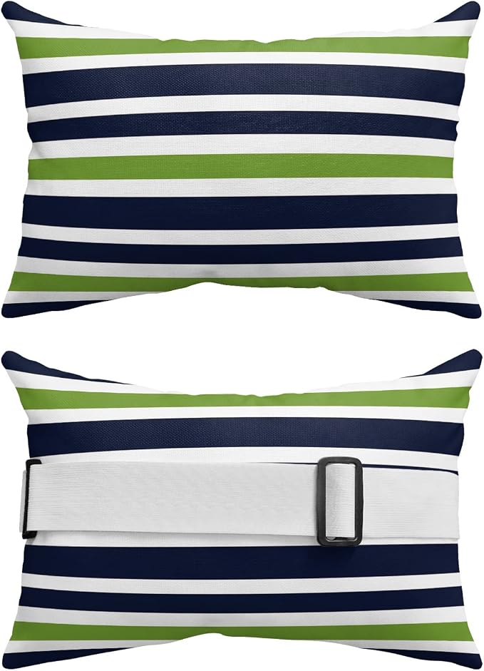 Blue Green Stripe Outdoor Pillows with Insert Green and White Geometric Waterproof Patio Pillows with Adjustable Strap Rectangle Head Recliner Lounger Chair Throw for Patio Furnitures, 2 Pack