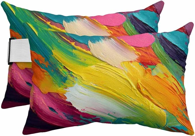 Pack of 4 Colorful Oil Painting Lumbar Pillow Covers, Outdoor Waterproof Throw Pillow Covers Set, Modern Abstract Art Rainbow Color Decorative Cushion Case for Patio Beach, 12x20 Inch