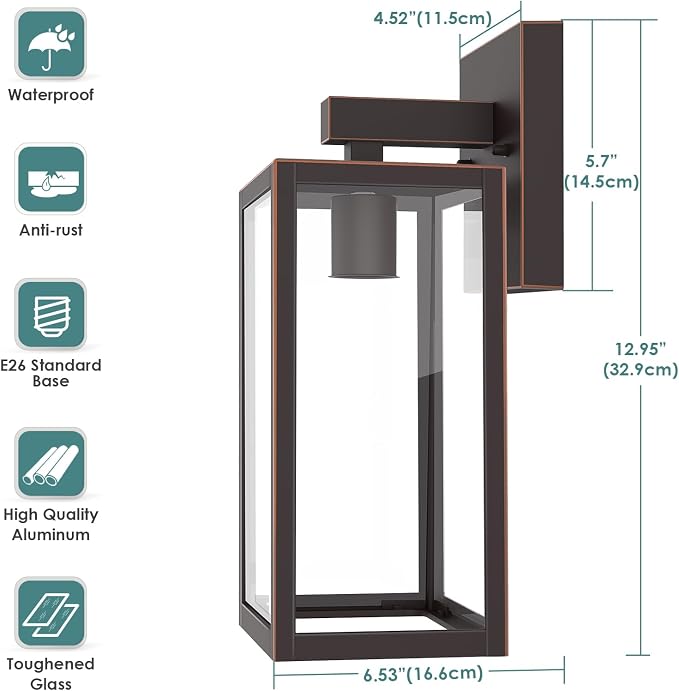 MAXvolador Outdoor Wall Sconce, Exterior Waterproof Wall Lantern Light Fixture, Oil Rubbed Bronze Porch Lights, Anti-Rust E26 Patio Lighting, 2 Pack | Oil Rubbed Bronze Porch Wall Light, Anti-Rust, E26 Socket, Clear Glass Outside Wall Mount Sconce, Fro...