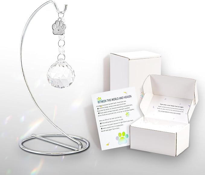 Pet Memorial Gifts for Loss of Dog,Pet Loss Sympathy Gift,Remembrance,Bereavement,40mm Crystal Suncatcher in Memory Passing Away of Dog Cats,with 9 Inch Silver Stand(Clear)