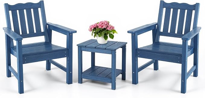 Stoog 3-Piece All-Weather Garden Chairs Set of 2 with Table, Patio Furniture Sets, Include 2 Garden Chairs and 1 Side Table, for Porch, Backyard, Lawn & Dining, Blue
