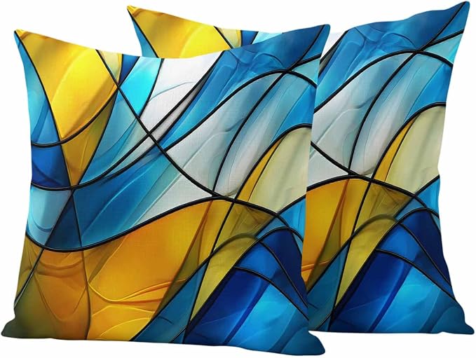Abstract Art Outdoor Waterproof Pillow Covers Set of 2, Blue Yellow Gradient Wavy Lines Geometric Modern Pillowcase Decorative Throw Cushion Cases for Patio Garden Couch 26 x 26 Inches
